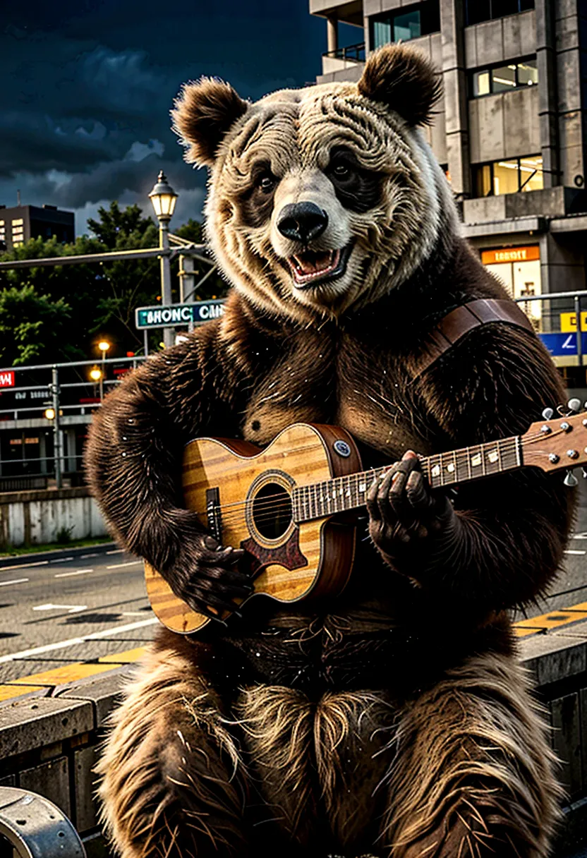 best qualityer, high resolution),ultra detali, cinematic lighting, a panda playing a guitar, in the background a city with large...