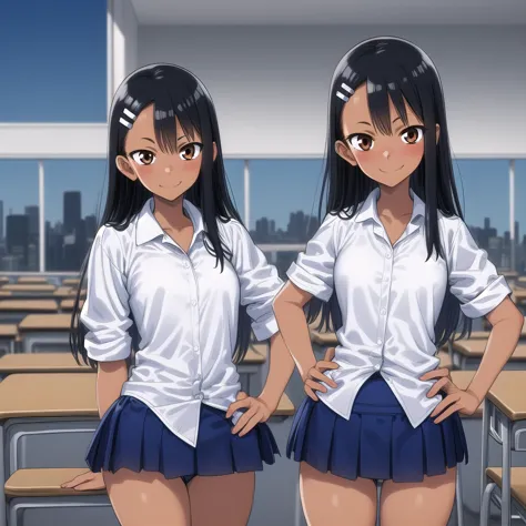 one girl, cowboy shot, classroom, fighting ssunburnce, nagatoro_hayase, brown eyes, black hair, long hair, dark skin, dark skinn...