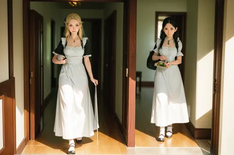 Maid walking down the hallway, carrying a tray to her mistress, era Lord of the Rings.