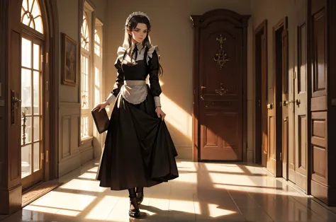 maid walking down the hallway, carrying a tray to her mistress, era lord of the rings.