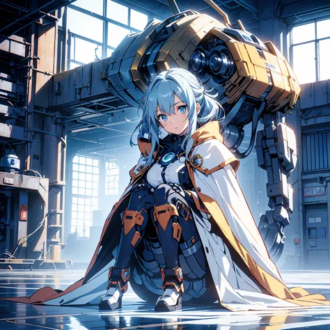 Anime, 2 characters, (1 teenage anime girl, silvery blue hair, bright blue star-shaped eyes); (1 Robot, Cape, Luminous Eyes, Rug...