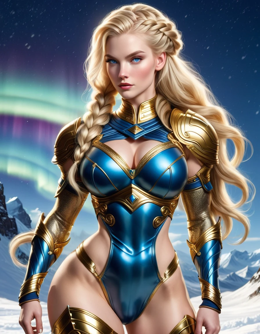 BOMBSHELL BLONDE WOMAN, WARRIOR FEMALE, VERY PALE SKIN, BLUE EYES, HIGH CHEEKBONES, ROSY CHEEKS, MENTAL FORAMEN, HUGE LONG BRAIDED HAIR, BRAID HAIR STYLE,  DOUBLE BRAID HAIR, VOLUMOUS HAIR, GOLD LEOTARD ARMOUR, ALL GOLD ARMOUR, GOLD GAUNTLETS, ATHLETIC BODY, MUSCLES, EXPOSED GORGEOUS THICK THIGHS , DETAILED QUADRICEPS, MUSCLES, SIDE BODY VIEW, NORTHERN LIGHTS, NORTH POLE, SNOW, NIGHT SKY, ACCURATE IMAGE, MASTERPIECE.