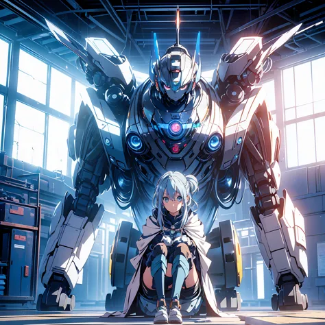 Anime, 2 characters, (1 teenage anime girl, silvery blue hair, bright blue star-shaped eyes); (1 Robot, Humanoid, Cape, Luminous...