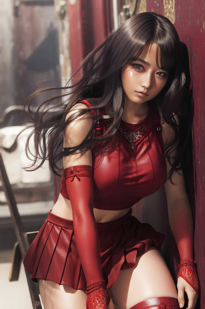 (masterpiece, best quality), intricate details, (Best quality)), ((masterpiece)), ((realistic)), (hyperrealism:1.2), (fractal art:1.2), 
1girl,   (red eyes:1.5) 7rtifa, crop top, arm guards, fingerless gloves, suspenders, pleated miniskirt, black thighhighs, red boots ,
extreme detailed eyes, colorful, highest detailed, 
vibrant colors, high contrast,
(8K UHD:1.2), (photorealistic:1.2),