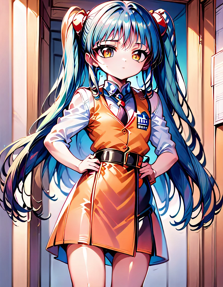 1girl, ruri_hoshino, (rurihAA), (twintails), light blue hair, yellow eyes, very long hair, orange vest, BREAK solo, flat chest, close-up, (expressionless:1.2), hologram, BREAK intricate details, extremely intricate, perfect lighting, (depth of field :1.2), detailed eyes , detailed hair, detailed face, (detailed shiny hairs), (detailed background), outline, highres, eyeshadow, eyeliner, (sharpness:1.2), (extremely detailed:1.2), BREAK (score_9, score_8_up, score_7_up, (source_anime), masterpiece, best quality, absurdres:1.2), ai-generated, newest, very aesthetic,ruri_hoshino, rurihAA, black mini skirt, orange vest