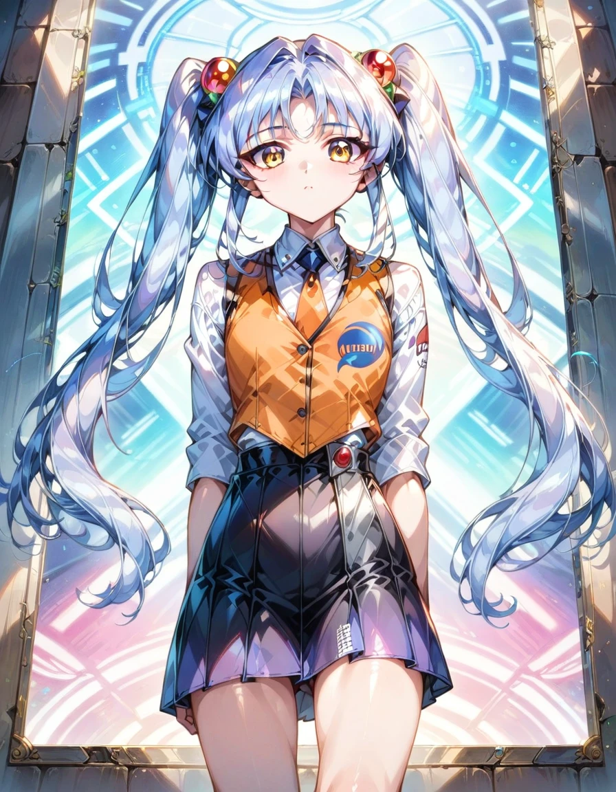 1girl, ruri_hoshino, (rurihAA), (twintails), light blue hair, yellow eyes, very long hair, orange vest, BREAK solo, flat chest, close-up, (expressionless:1.2), hologram, BREAK intricate details, extremely intricate, perfect lighting, (depth of field :1.2), detailed eyes , detailed hair, detailed face, (detailed shiny hairs), (detailed background), outline, highres, eyeshadow, eyeliner, (sharpness:1.2), (extremely detailed:1.2), BREAK (score_9, score_8_up, score_7_up, (source_anime), masterpiece, best quality, absurdres:1.2), ai-generated, newest, very aesthetic,ruri_hoshino, rurihAA, black mini skirt, orange vest