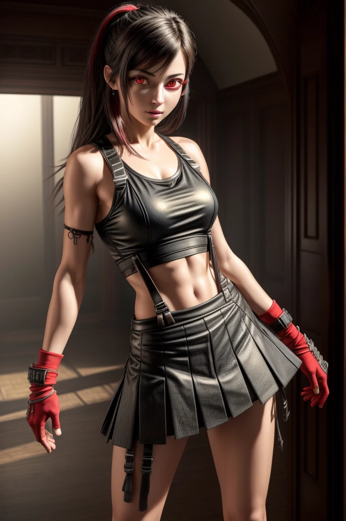 (masterpiece, Highest quality), Intricate details, (Highest quality)), ((masterpiece)), ((Realistic)), (Hyperrealism:1.2), (Fractal Art:1.2), 
One girl,   (Red eyes:1.5) 7r Tifa, White tank top, Arm guard, Fingerless gloves, suspenders, Pleated mini skirt, Black knee socks, Red Boots ,
Highly detailed eyes, colorful, Most detailed, 
Vibrant colors, High Contrast,
(8K Ultra HD:1.2), (photoRealistic:1.2),