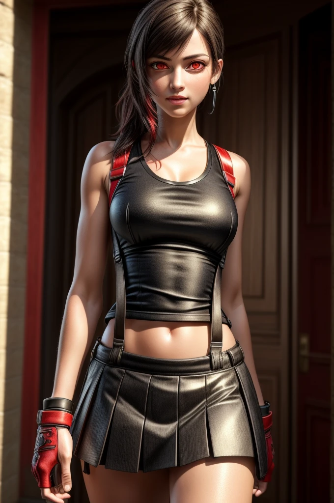 (masterpiece, Highest quality), Intricate details, (Highest quality)), ((masterpiece)), ((Realistic)), (Hyperrealism:1.2), (Fractal Art:1.2), 
One girl,   (Red eyes:1.5) 7r Tifa, White tank top, Arm guard, Fingerless gloves, suspenders, Pleated mini skirt, Black knee socks, Red Boots ,
Highly detailed eyes, colorful, Most detailed, 
Vibrant colors, High Contrast,
(8K Ultra HD:1.2), (photoRealistic:1.2),