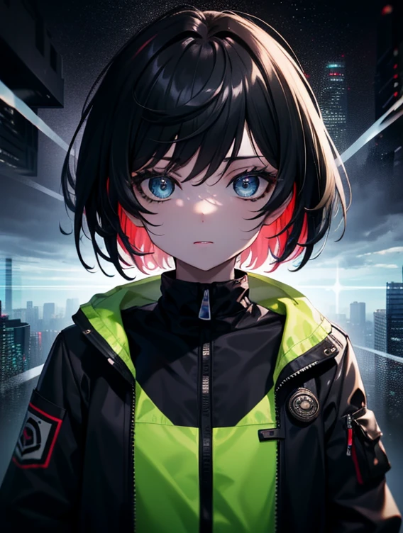 (Masterpiece, Best quality, ultra high resolution),1girl,short hair,black hair,jacket,(multicolor jacket green and black),looking at the viewer,focus on the girl,cloudy sky,beautiful and detailed face, detailed eyes,grey and black theme