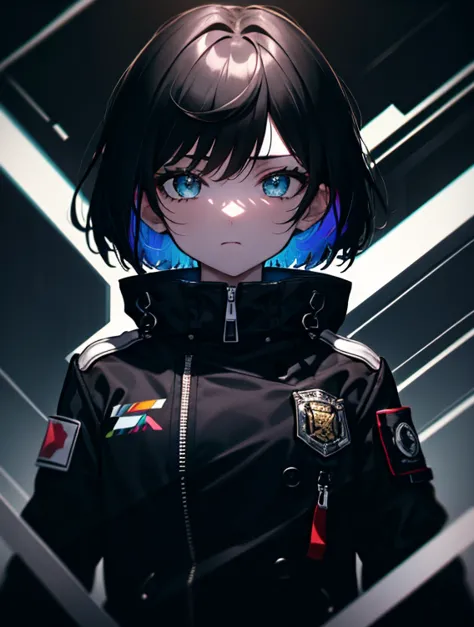 (Masterpiece, Best quality, ultra high resolution),1girl,short hair,black hair,jacket,(multicolor jacket green and black),lookin...