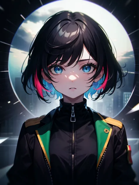 (masterpiece, best quality, ultra high resolution),1girl,short hair,black hair,jacket,(multicolor jacket green and black),lookin...