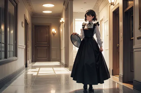Maid walking down the hallway, carrying a tray to her mistress, era Lord of the Rings.