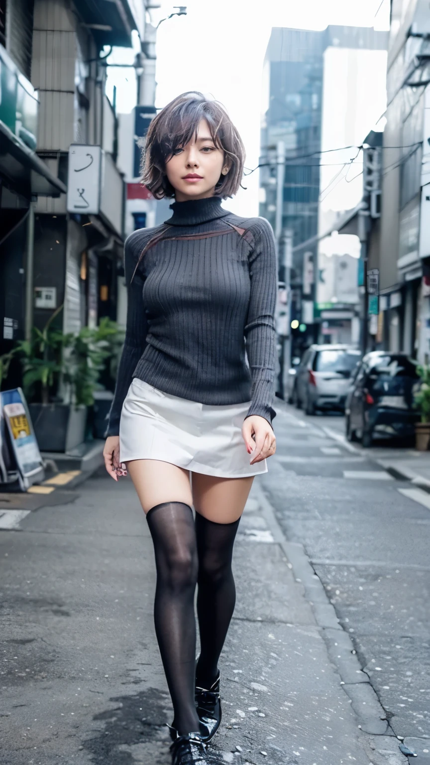 (Caminando por la calle Tokio、parado en una esquina de la calle)、(Vestido negro ajustado de cuello alto:1.4、mini vestido ajustado:1.3、ajustado、(medias negras:1.2、Usar pantimedias que lleguen por encima de las rodillas.)、(la parte visible de los muslos de alguien entre su falda o pantalones cortos y sus calcetines hasta la rodilla:1.34、Área absoluta))、(Realista、como una fotografía、Acción en vivo、8K, Fotorrealista, Fotos CRUDAS, mejor calidad de imagen: 1.4), Cámara réflex de un solo objetivo、Fotos CRUDAS, de la máxima calidad, Realista, Highly detailed CG Unity 8K wallpaper, Profundidad del límite escrito, luz cinemática, Destello de lente, trazado de rayos, Realista background、((Ultra-dense skin))、 1 hembra,Linda japonesa tetona、(Oficinista japonesa caminando por las calles de Tokio por la noche）、((todo el cuerpo:1.5)，Apartar:1.1、Estilo Short Bob:1.2、me gusta ese estilo、elegante、Muy detallado、Ponga atención a los detalles、el traje perfecto、(piel blanca)、bonitas piernas:1.1，Vista desde abajo、manos precisas、Piernas precisas、Mano y dedos detallados、Cuerpo anatómicamente correcto