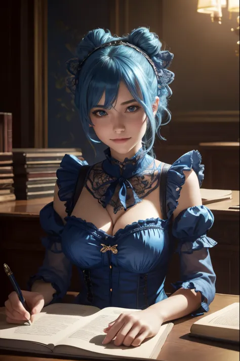 highly detailed, 8k, masterpiece, 1girl, blue frilled_hair_tubes, dress, bend_over , smirk, (perfect_face), sitting, desk, ornat...