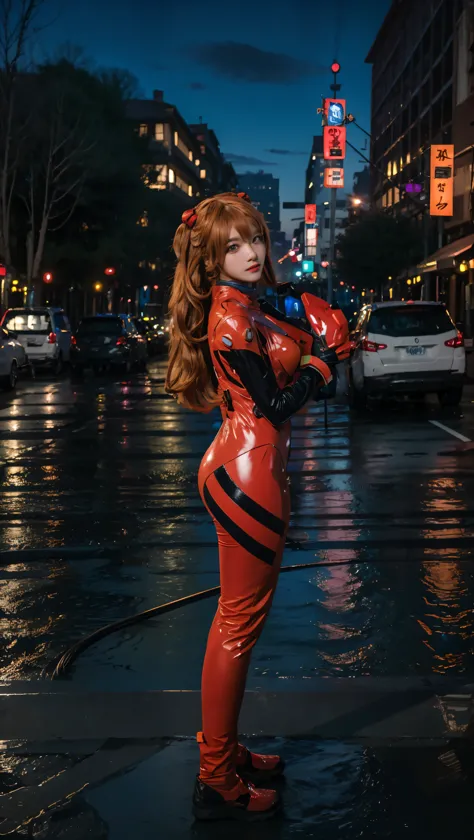 best quality, masterpiece, realist, photorealist, 1 girl, alone, looking at the viewer, whole body, standing, wide, asuka costum...