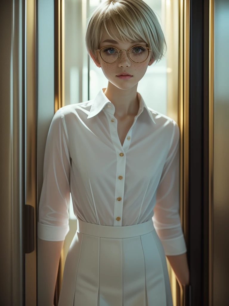 1girl, elegant bearing, small, slender build, short height, narrow shoulders, pale skin dotted by freckles, short platinum blonde hair, (((pixie cut hairstyle))), (((boyish hair))), (dark green eyes), silver glasses, cute facial features with an underlying elegance, thin lips, small breasts, youthful teen girl, RAW photo, ((slim body: 1)), (HQ skin: 1.4), 8k uhd, soft light, high quality, ((school uniform, white dress shirt, gold accents, (looking at viewer:1.4), elevator
