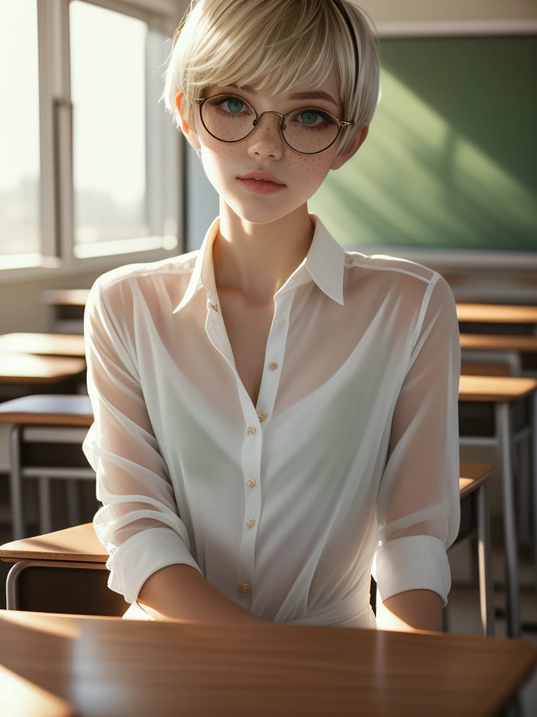 1girl, elegant bearing, small, slender build, short height, narrow shoulders, pale skin dotted by freckles, short platinum blonde hair, (((pixie cut hairstyle))), (((boyish hair))), (dark green eyes), silver glasses, cute facial features with an underlying elegance, thin lips, small breasts, youthful teen girl, RAW photo, ((slim body: 1)), (HQ skin: 1.4), 8k uhd, soft light, high quality, ((school uniform, white dress shirt, gold accents, (looking at viewer:1.4), classroom
