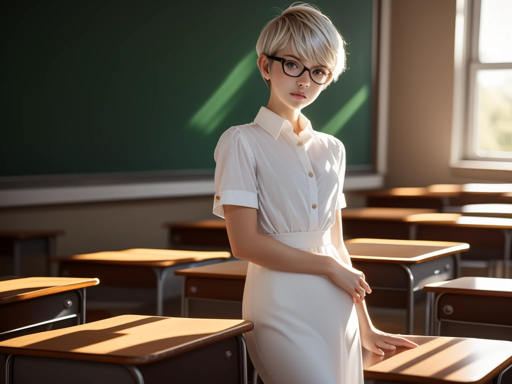 1girl, elegant bearing, small, slender build, short height, narrow shoulders, pale skin dotted by freckles, short platinum blonde hair, (((pixie cut hairstyle))), (((boyish hair))), (dark green eyes), silver glasses, cute facial features with an underlying elegance, thin lips, small breasts, youthful teen girl, RAW photo, ((slim body: 1)), (HQ skin: 1.4), 8k uhd, soft light, high quality, ((school uniform, white dress shirt, gold accents, (looking at viewer:1.4), classroom
