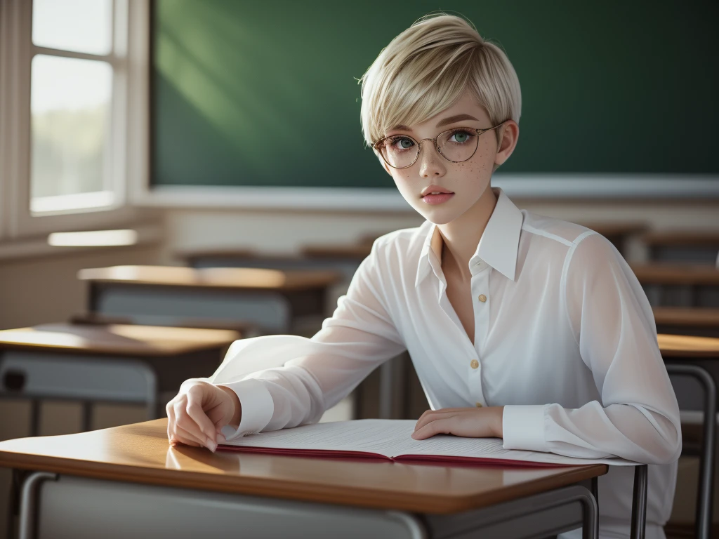 1girl, elegant bearing, small, slender build, short height, narrow shoulders, pale skin dotted by freckles, short platinum blonde hair, (((pixie cut hairstyle))), (((boyish hair))), (dark green eyes), silver glasses, cute facial features with an underlying elegance, thin lips, small breasts, youthful teen girl, RAW photo, ((slim body: 1)), (HQ skin: 1.4), 8k uhd, soft light, high quality, ((school uniform, white dress shirt, gold accents, (looking at viewer:1.4), classroom
