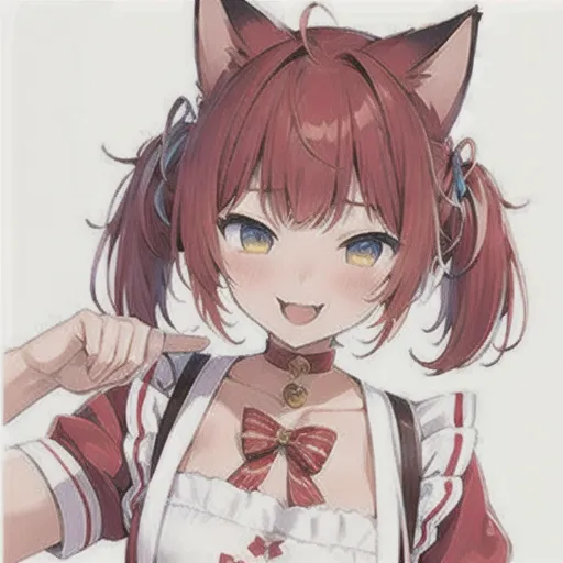 (masterpiece, best quality:1.2), 1girl, solo,cat ear,red hair,twintail,akami karubi,赤見カルビ,red dress,white apron,silver choker,