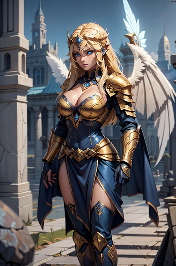 a full body shot of a woman standing on a roof top looking down at a city. A blonde woman, (glowing blue eyes), pretty face, full face, medium length straight hair over one shoulder. she wears shiny dark blue armor with gold trim (deep v-neck and exposed cleavage:1.4) large breasts, Natural skin texture, detailed skin. City scape background. , hex pattern on armor, intricate runes carved on armor, reflective surface, and a (Norse helmet with wings on the side covers her head:1.3), intricate details, armored glove, (left glove is gold with gemstones and runes). a stern expression on her face. (highres:1.3) (4k,8k,best quality, masterpiece), full-body image, volumetric lighting, lens flare. 