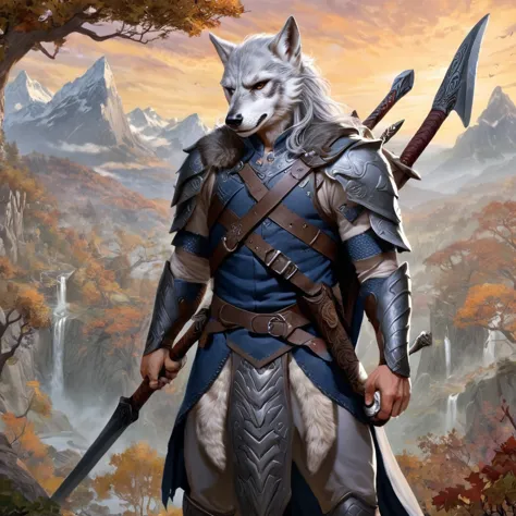 a male elf sorceror warrior, gray hair, axe on back, large sword in hands, wolf mask in hand, pointy ears, armor, clothing, adva...