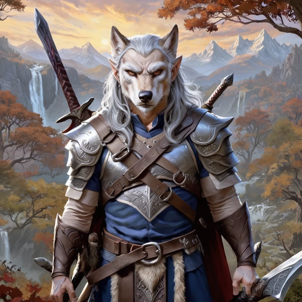 a male elf sorceror warrior, gray hair, axe on back, large sword in hands, wolf mask in hand, pointy ears, armor, clothing, advanced dungeons and dragons, spectacular landscape background, highly detailed, 4k, 8k, (best quality,4k,8k,highres,masterpiece:1.2),ultra-detailed,(realistic,photorealistic,photo-realistic:1.37),HDR,UHD,studio lighting,ultra-fine painting,sharp focus,physically-based rendering,extreme detail description,professional,vivid colors,bokeh,