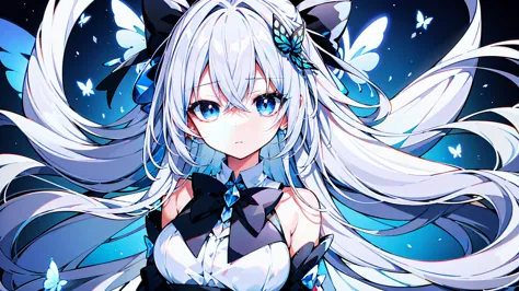 the image depicts a character in an anime or manga style. the character is a young girl with long, silver hair that has black ti...