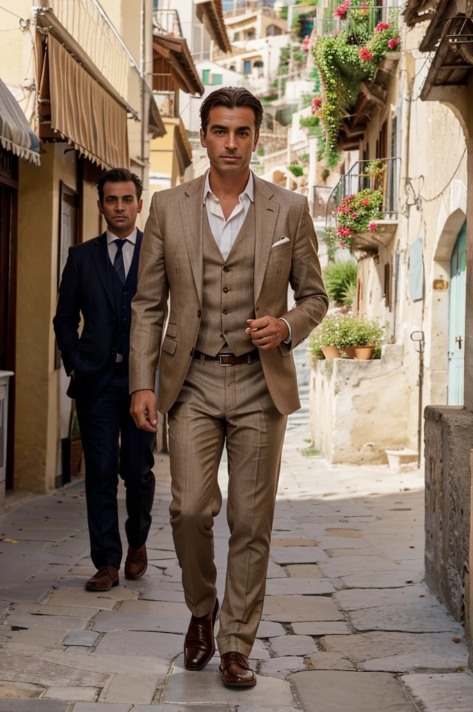 un hombre italiano con cabello castaño, Ojos cafés, un cabello que ondea con el viento y vistiendo un traje de estilo italiano caminando por la playa en Positano en Italia con zapatos en las manos.