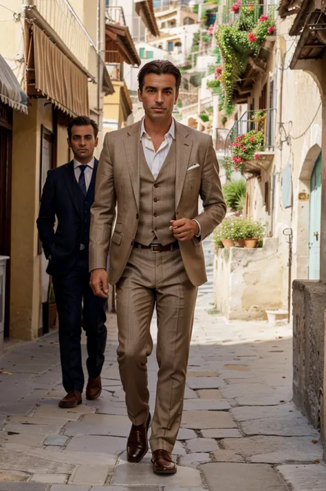 an Italian man with brown hair, brown eyes, a hair that flows with the wind and wearing an Italian-style suit walking along the ...