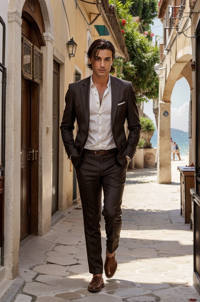 一位棕色头发的意大利男子, 棕色的眼睛, 一头随风飘扬的长发，穿着意式西装，手拿鞋子走在意大利波西塔诺的海滩上.