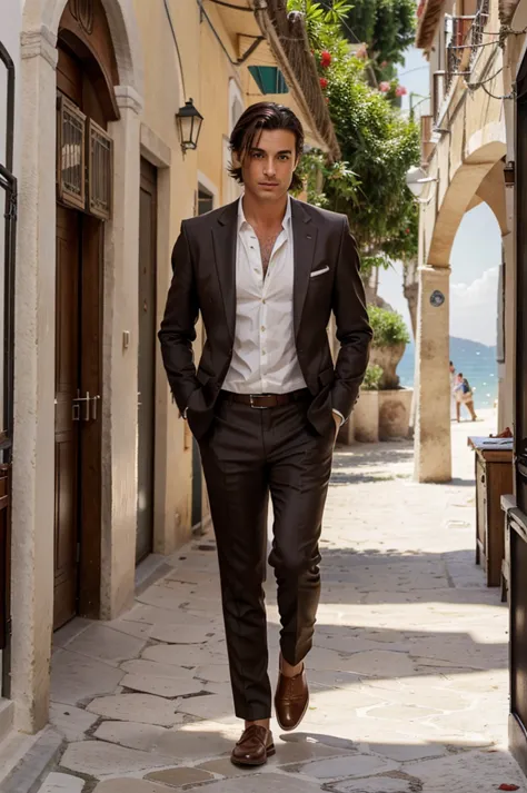 an Italian man with brown hair, brown eyes, a hair that flows with the wind and wearing an Italian-style suit walking along the ...