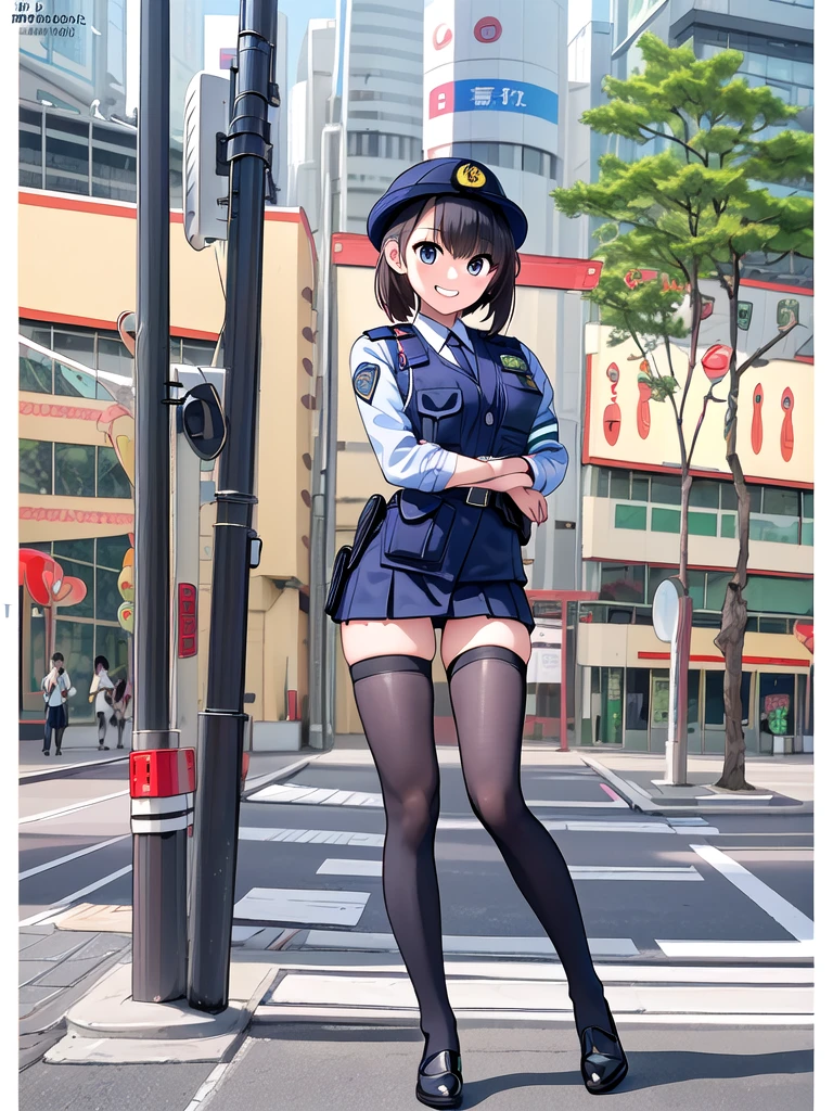 highest quality, masterpiece, 8k, ultra high resolution, (photorealistic:1.4), one girl, young, beautiful expression, symmetrical eyes, perfect body proportions, look at the viewer, long legs (1.3), full body, street, Japanese-police, police uniform, policewoman, one woman, skirt, miniskirt, smile, laugh, stockings,