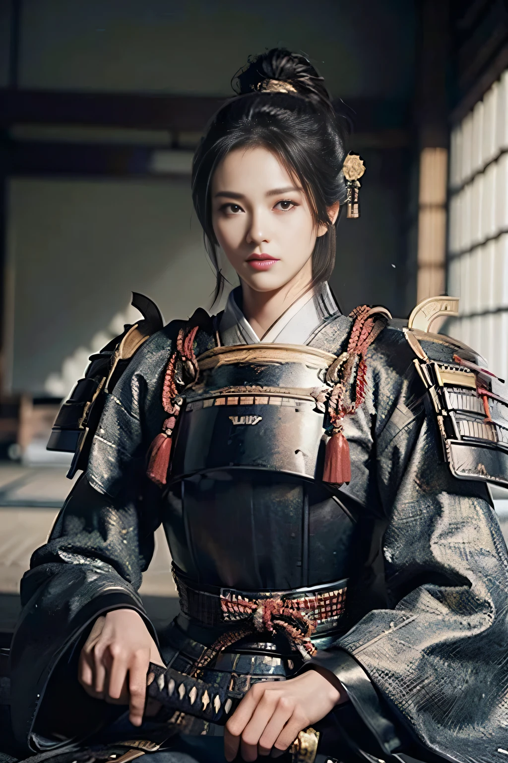 (8K, highest quality, masterpiece:1.2), (realistic:1.4), Raw photo, highest quality, ultra high resolution, best shadow, (full body:1), historical heroine, Japanese armor, samurai sword, large scale amazing environment, horror, dark horror, highly detailed facial features, beautiful and perfect face, perfect eyes