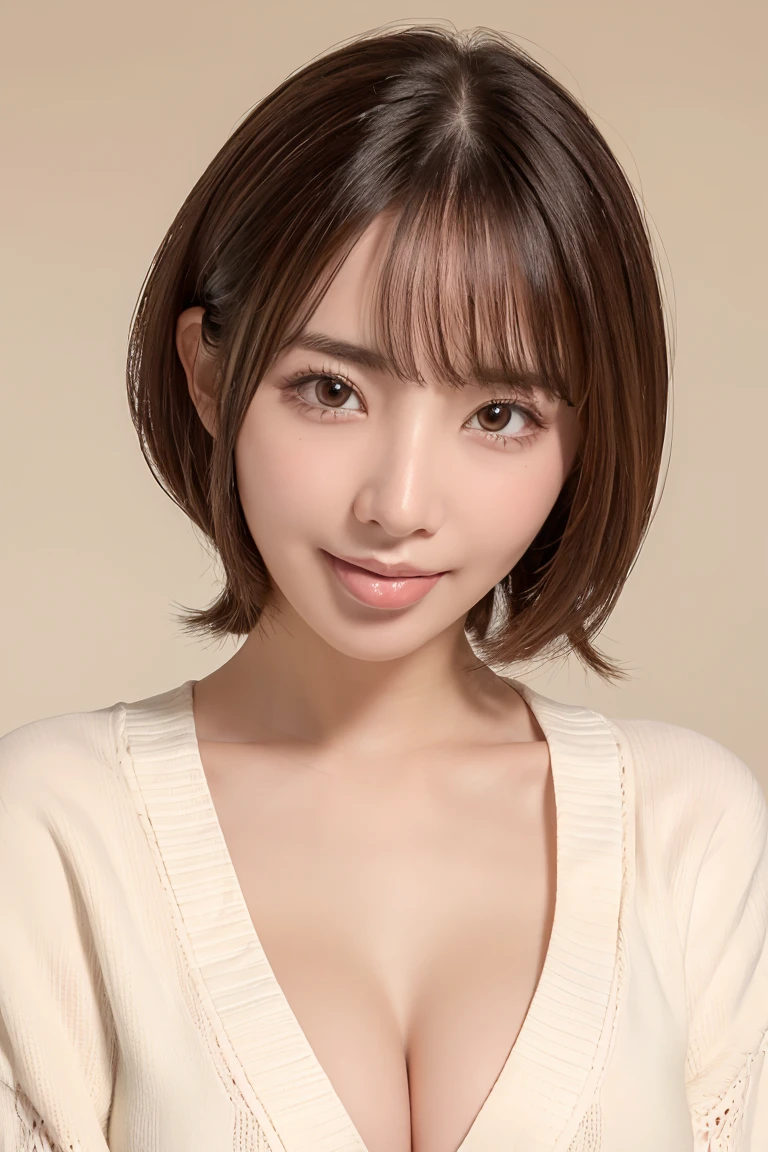 (Highest quality、Tabletop、8K、Best image quality、Award-winning works)、1. pretty girl、(A fluffy and elegant white V-neck cardigan:1.1)、(An elegant cardigan with a very smooth and high-quality texture....:1.1)、Perfect girl portrait photo、Glowing Skin、Brown Hair、(Cleavage:1.1)、Standing Elegantly、(Face close-up:1.1)、(Open your mouth and stick out your tongue:1.2)、(Perfect beautiful tongue:1.2)、Cute Smile、(The simplest beige background:1.1)