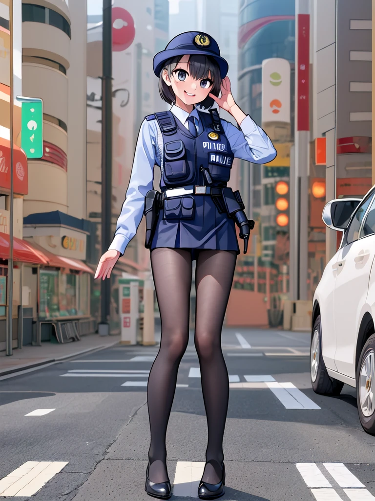 最高品質, 傑作, 8K, 超高解像度, (写実的な:1.4), 一人の女の子, 若い, 美しい表現, 左右対称の目, 完璧なボディプロポーション, 視聴者を見る, 長い脚 (1.3), 全身, 通り, 日本の警察, 警察の制服, 女性警官, 一人の女性, スカート, miniスカート, 笑顔, 笑う, タイツ