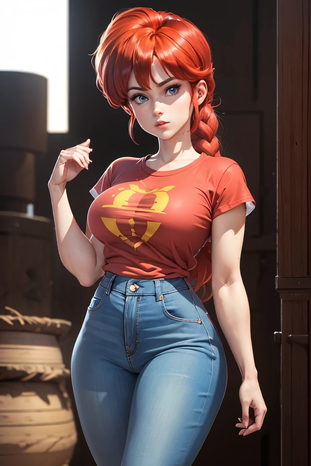 (Ranma)(1solo)(1girl)((Solo)) ((Masterpiece)) ((High Quality)) (slim thick)((Perfect Face)) ((Huge Breasts)) ((Wide Hips)) ((Narrow Waist)) ((Beautiful)) ((Redhead)) ((Long Hair)) ((Light Skin)) ((Cute Nose)) ((BLue Eyes)) ((Young)) ((Transparent Tee Shirt)) ((Jeans))(cameltoe)