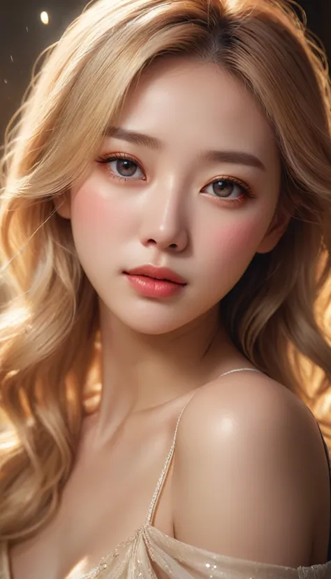 The upper body of a beautiful young blonde woman with a tear running down her cheek。Her eyes were filled with deep emotion、It sh...