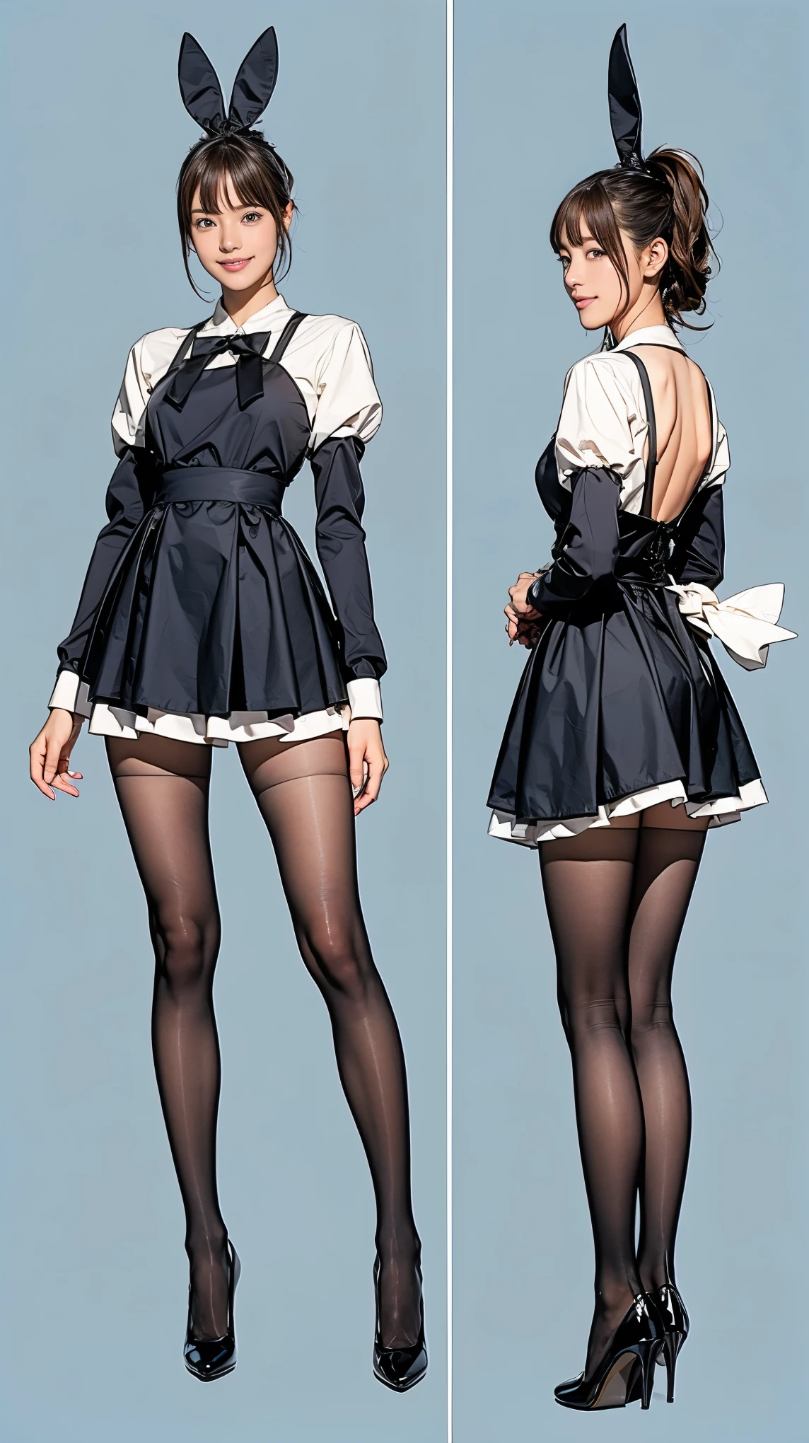 ((masterpiece)),(((Highest quality))),((Character design sheet)),Thin thighs,Long legs,Bunny girl in a light blue maid outfit:1.5，wear black tights:1.5，The best smile:1.5，Full Body Shot:1.5，Gray background:1.5，Wearing black high heels:1.5，short side wave:1.5，