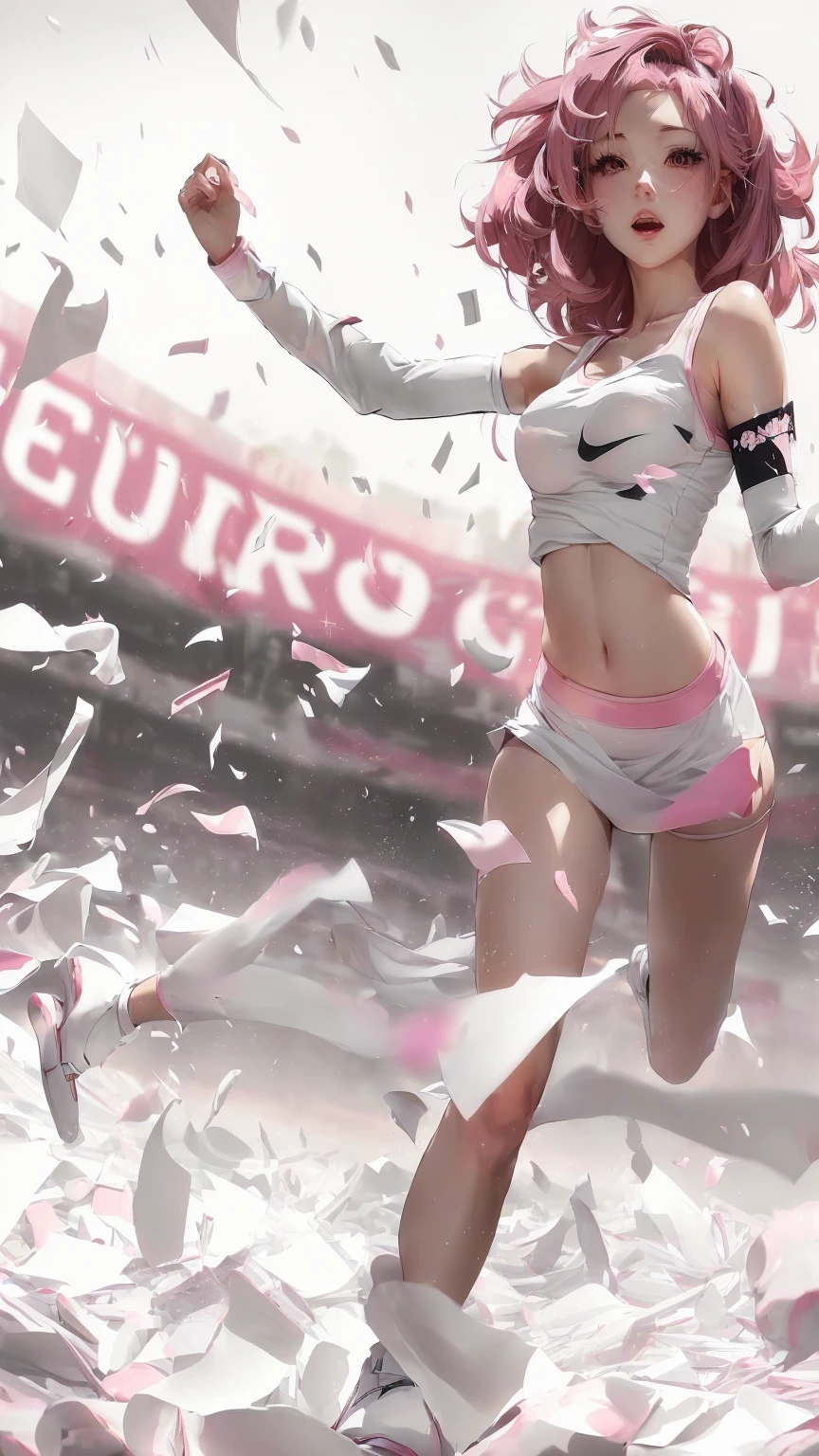 Chica de anime con una camiseta blanca y pantalones cortos rosas corriendo entre una pila de papeles, Obra de arte al estilo de Gu Weiss., muchacha rosada, Gu Weiss en artstation pixiv, Gu Weiss, Gu Weiss en pixiv artstation, sakura haruno, ganador del concurso pixiv, Obra maestra de Gu Weiss, sakura haruno, ilustración épica de arte digital