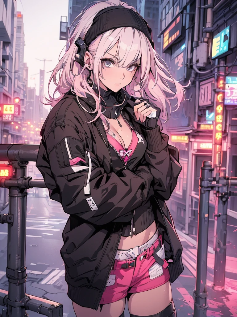 eine Frau in einem rosa Bikini und einer schwarzen Jacke sitzt auf dem Brückengeländer, (((Sie trägt eine schwarze Jacke und einen rosa Bikini, weißes Haar, weiße Turnschuhe))), Wind, Sonnenuntergang, Dämmerung, cyberpunk art style, cyberpunk 2 0 years. oh model girl, hyper-realistic cyberpunk style, cyberpunk vibes, cyberpunk style ， hyper realist, Schönes Cyberpunk-Mädchen, cyberpunk art ultrarealistic 8k, cyberpunk girl, cyberpunk art, female cyberpunk anime girl, in cyberpunk style, cyberpunk judy alvarez
