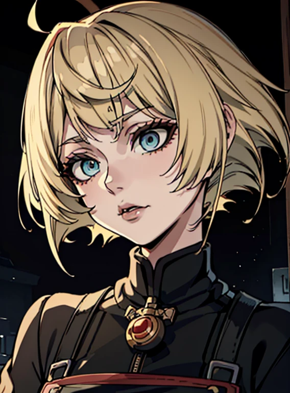 a close up of a woman with a black dress and black lipstick, blonde hime cut hair, with short hair, 1 7 - year - old anime goth girl, short pigtails hair, white hime cut hairstyle, sui ishida with blonde hair, with short hair with bangs, short blonde hair with bangs, short blonde hair, japanese gothic, blonde short hai