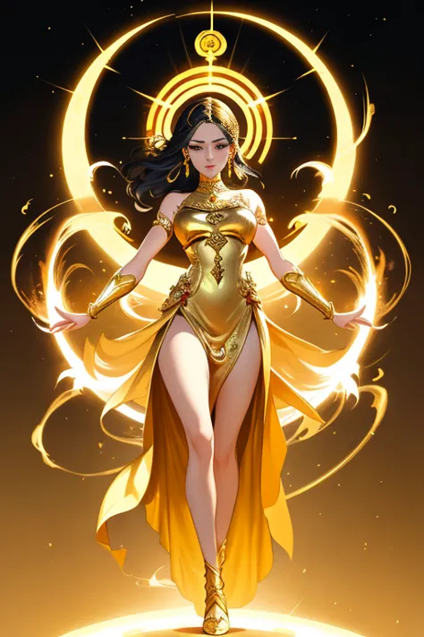 Goddess Maiden, Gorgeous, golden dress, blaze, Temple Background,Kara Pol Tom Bagshaw Art Station,, goddess of the moon, Full bo...