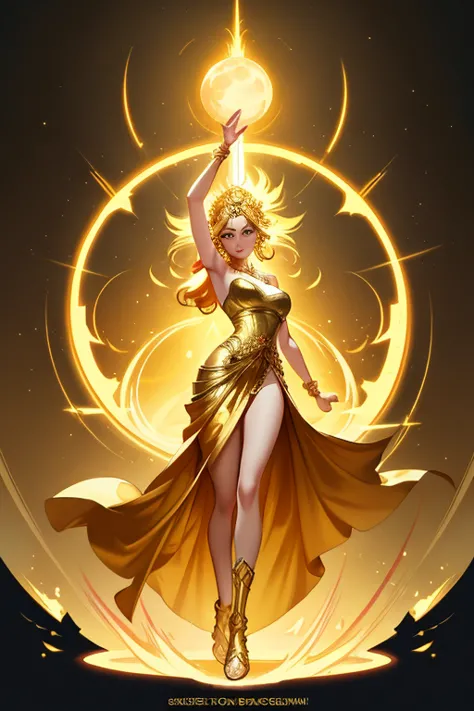 Goddess Maiden, Gorgeous, golden dress, blaze, Temple Background,Kara Pol Tom Bagshaw Art Station,, goddess of the moon, Full bo...