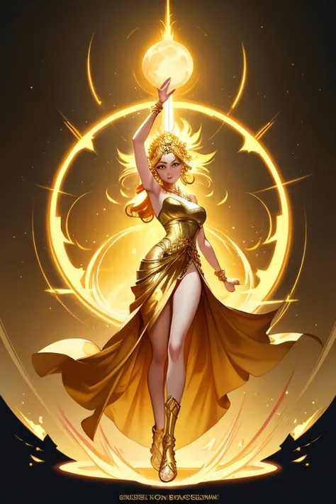 goddess maiden, gorgeous, golden dress, blaze, temple background,kara pol tom bagshaw art station,, goddess of the moon, full bo...