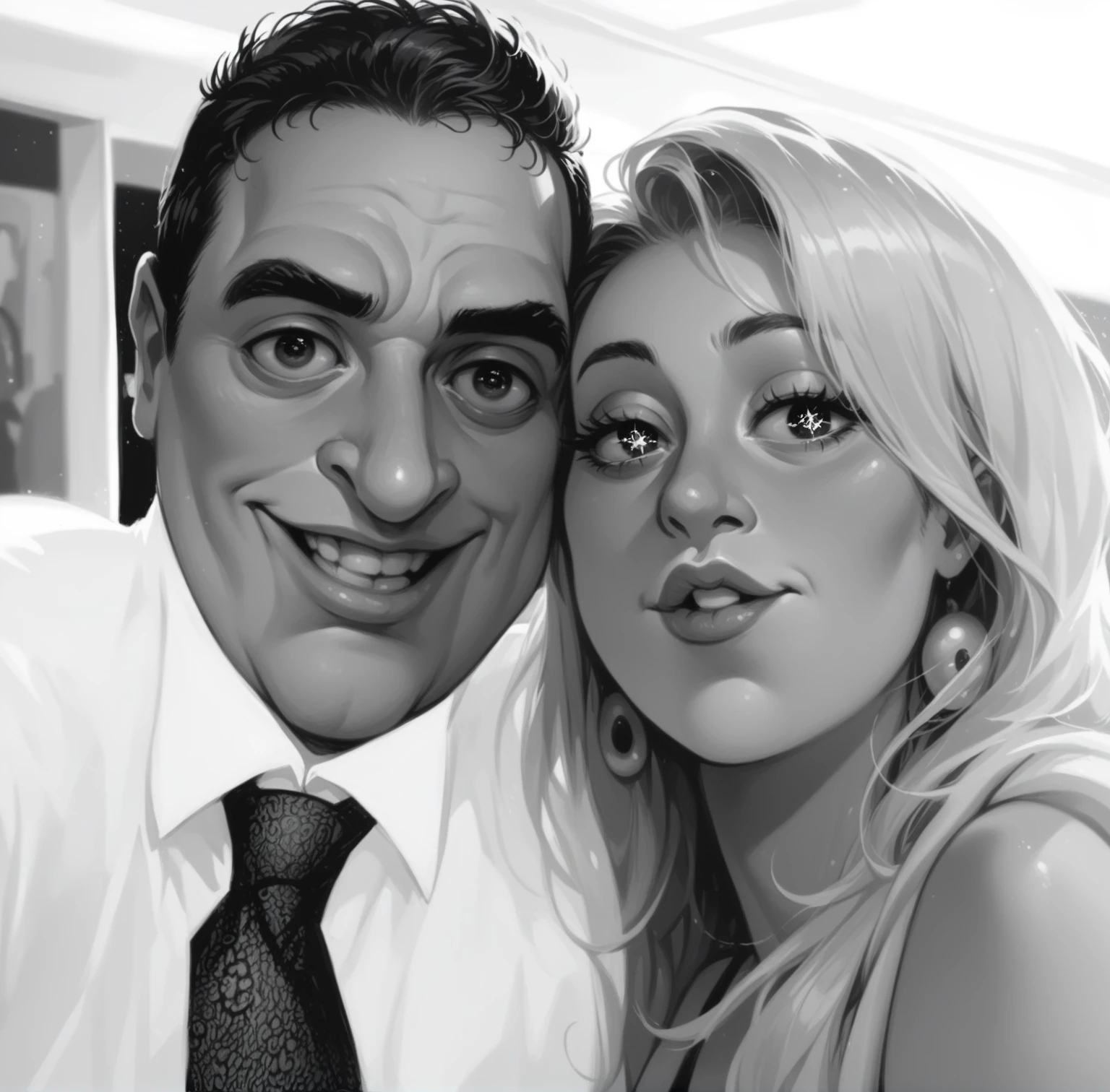 I'd love a fun caricature of this couple. Give them a playful, cartoonish style with slightly exaggerated features but still recognizable. Think big smiles, sparkling eyes! Keep the black and white theme for a classic feel."