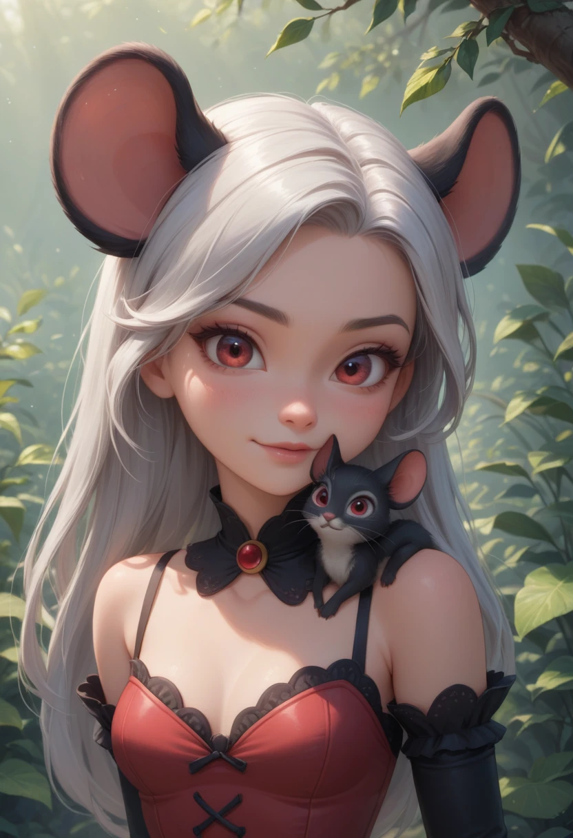 score_9, score_8_up, score_8,  ,disney pixar style, Cute mouse girl with ebony-black fur crimson eyes and long silver hair wearing  ivy league outfit