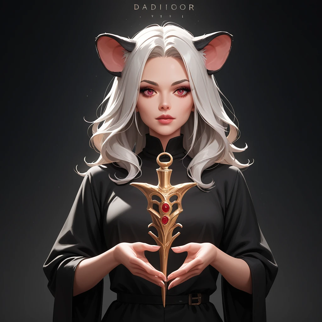 concept art, dark theme, low light, ((score_9), score_8_up, score_7_up), score_6_up, score_4_up, score_5_up, Cute rat girl with ebony-black fur crimson eyes and long silver hair wearing  witch doctor outfit