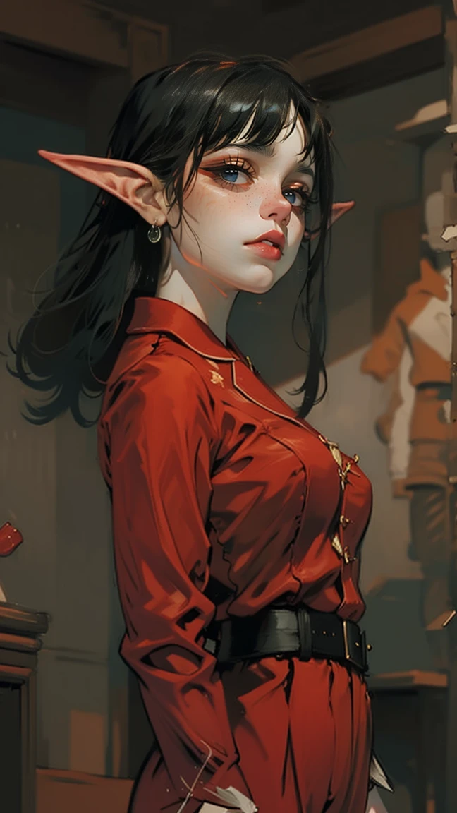 Standing with upper body, Honey, Solitary, (solo), Fair skin, Long gray hair, Double ponytail hairstyle, (Elf ears), Green Eyes, Like a gem, earrings, Red Eyeshadow, red lips, Black pajamas, masterpiece, high quality