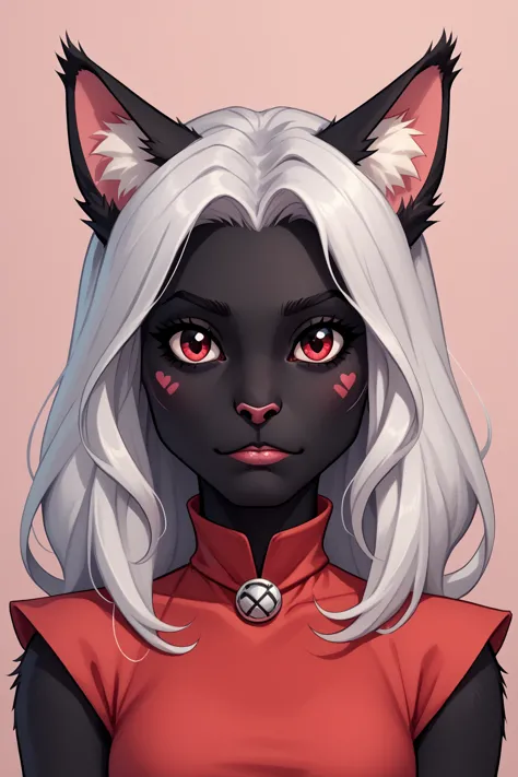 cute cat girl with ebony-black fur crimson eyes and long silver hair wearing outfit, zpdxl ponyxlv6_scores pnycmicxlpos